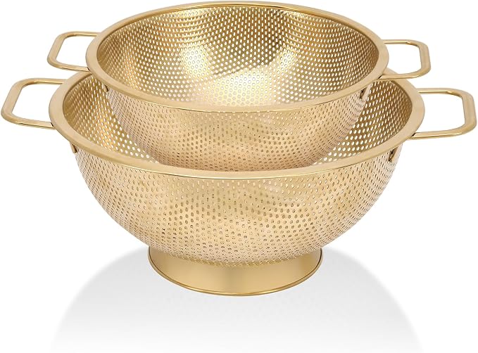 2PCS Gold Strainer for Kitchen, 3QT and 5QT, Stainless Steel Colander by Kteniy