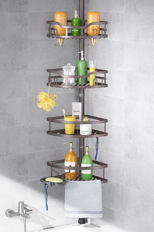 HAMITOR Corner Shower Caddy Tension Pole: Rustproof Stable 4-Tier Bathroom by HAMITOR