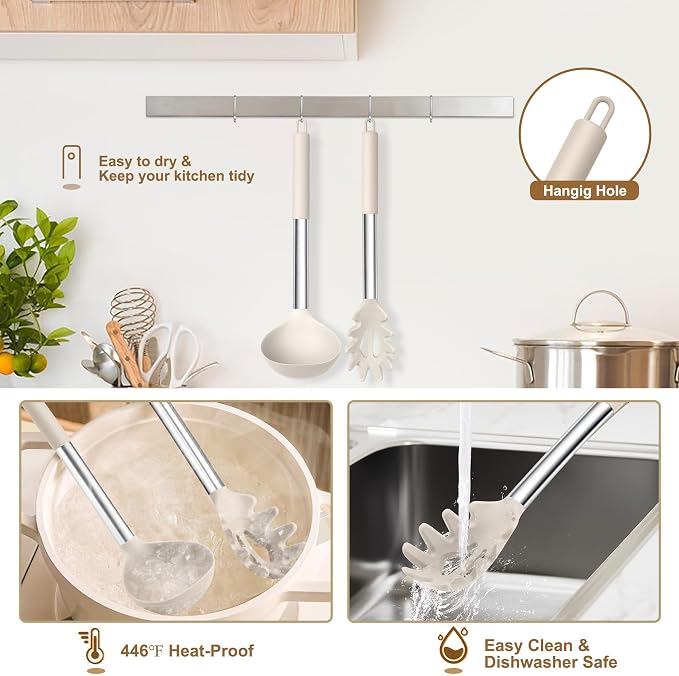 TeamFar Silicone Soup Ladle and Pasta Fork Set, Serving Soup, Non-Toxic & - Image 6