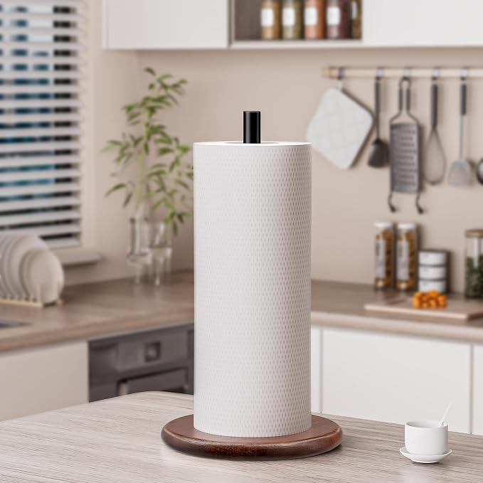 Paper Towel Holder with Wooden Base, Kitchen Countertop Paper Towel Stand - Image 2