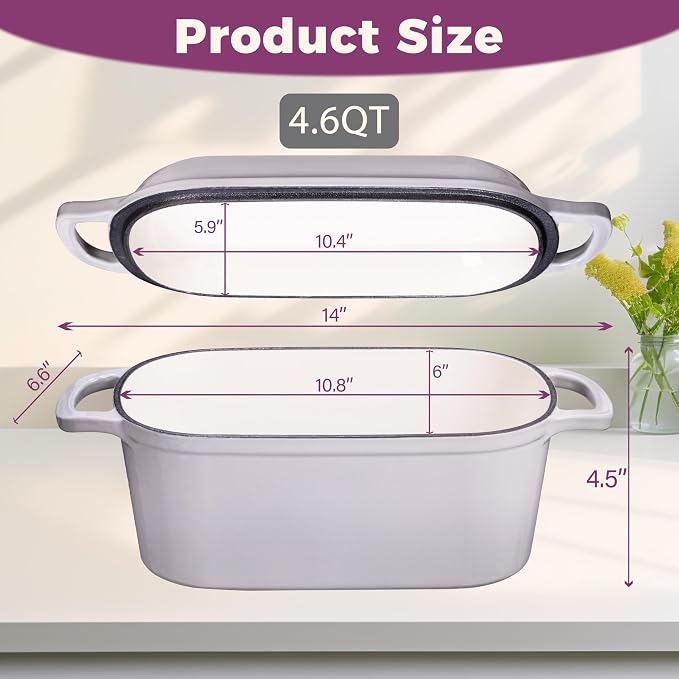 4.6-Quart Oval Dutch Oven for Bread Baking, 2 in 1 Cast Iron Bread Pan - Image 3