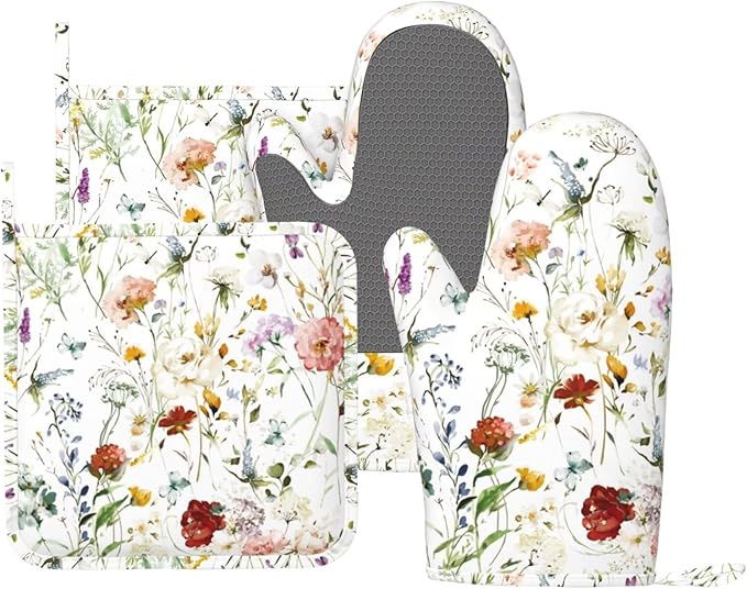 Wildflower Flower Oven Mitts and Pot Holders Set of 4 Silicone Boho Butterfly by BOKEKANG