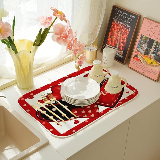 Valentines Dish Drying Mat 18x24 Inch Black Red Hearts Dish Drainer Protector - Image 6