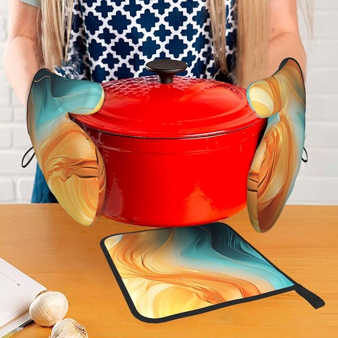 Orange Teal Marble Oven Mitts and Pot Holders Sets of 3 Kitchen Hot Pads Modern - Image 7