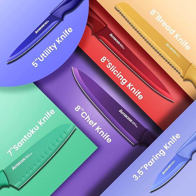 Astercook Knife Set, 6 Color Anti-Rust Coating Stainless Steel Chef Knife Sets - Image 4