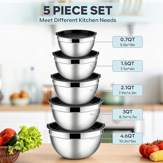 E-far Mixing Bowls With Lids Sets of 5, 10-Piece Stainless Steel Salad Metal - Image 2