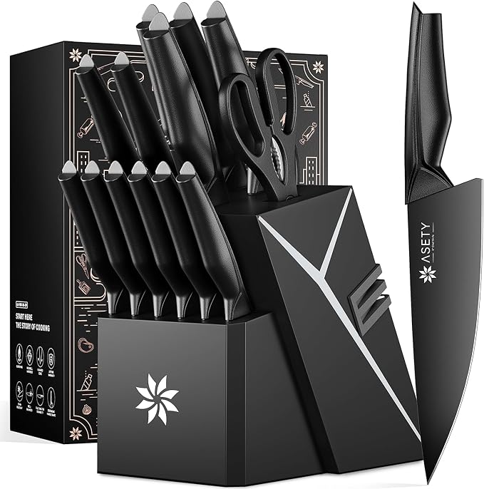 Kitchen Knife Sets with Block -15 PCS Knife Set with Bulti-in Sharpener by ASETY