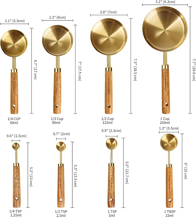 GuDoQi 8Pcs Gold Measuring Cups and Spoons Set, Wooden Handle, Premium - Image 4