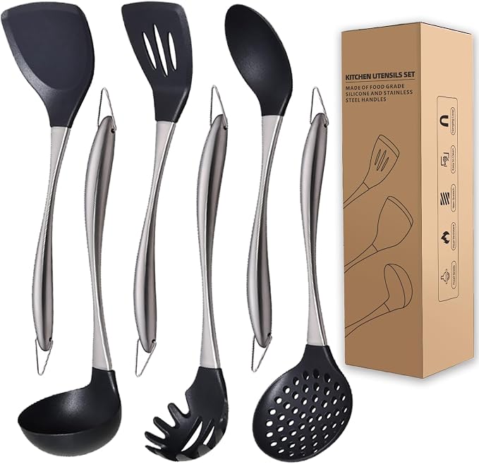 Kitchen Utensils Set, Large Non-stick Silicone Cooking Utensils Set 6 Pcs by QRU