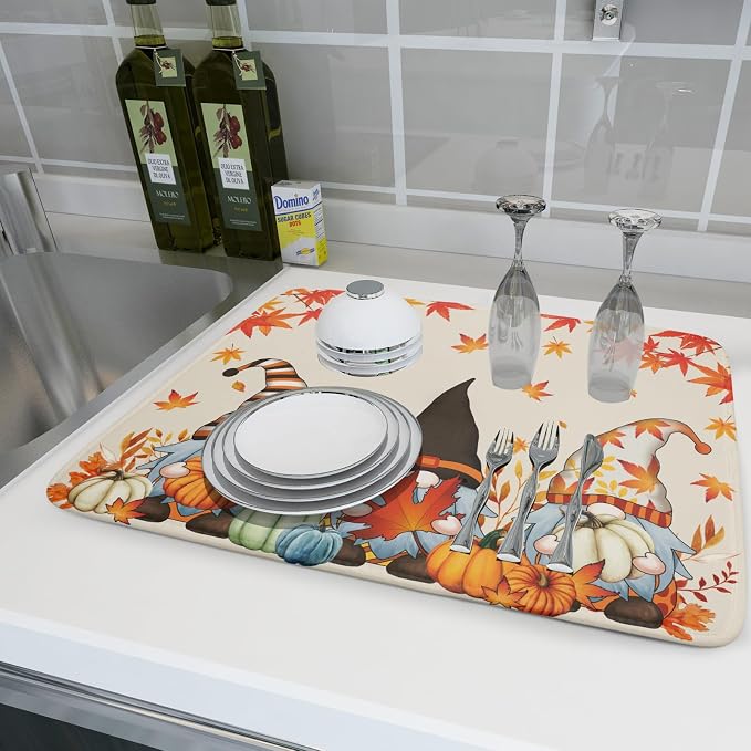 Fall Gnome Dish Drying Mat for Kitchen Counter Autumn Pumpkin Maple Leaves - Image 6