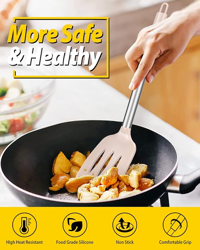 Pack of 2 Silicone Solid Turner, Non Stick Slotted Kitchen Spatulas, High Heat - Image 4