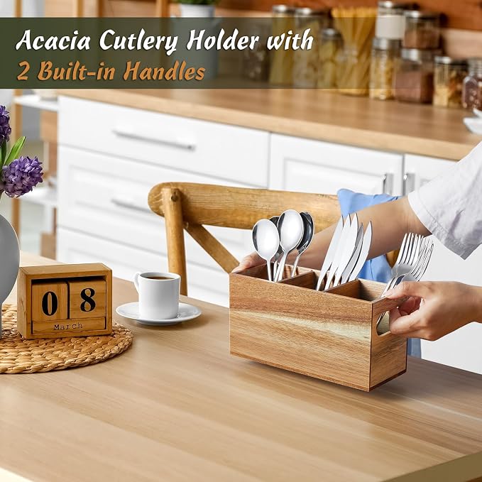 DRASTAR Silverware Holder, Acacia Wooden Utensil Caddy, Cutlery Holder - Image 2