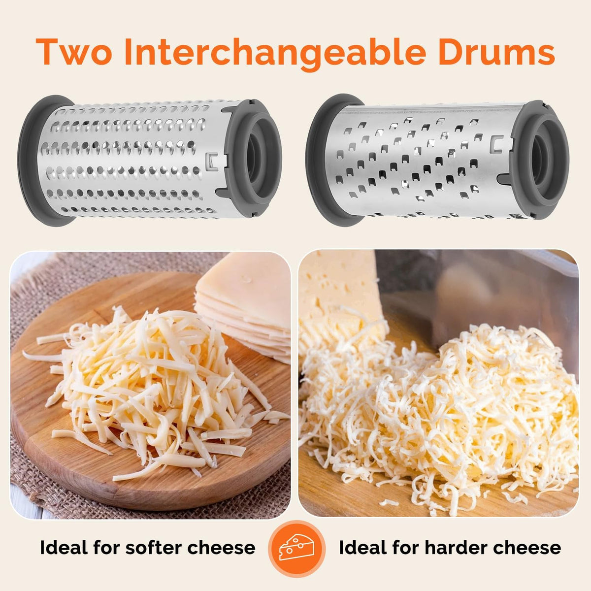 Patented Handheld Parmesan Cheese Grater with 2 Rotary Drums, Gray