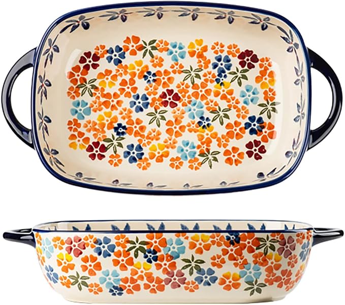 Colorful Cherry Blossom Flowers Vintage Style Ceramic Bakeware Dish Casserole by Bicuzat