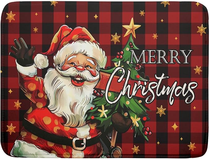 Merry Christmas Santa Claus Red Buffalo Plaid Dish Drying Mat by Anyako