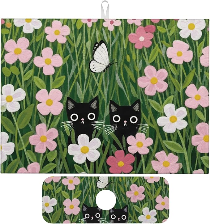 Pink Floral Cat Dish Drying Mat by Unknown
