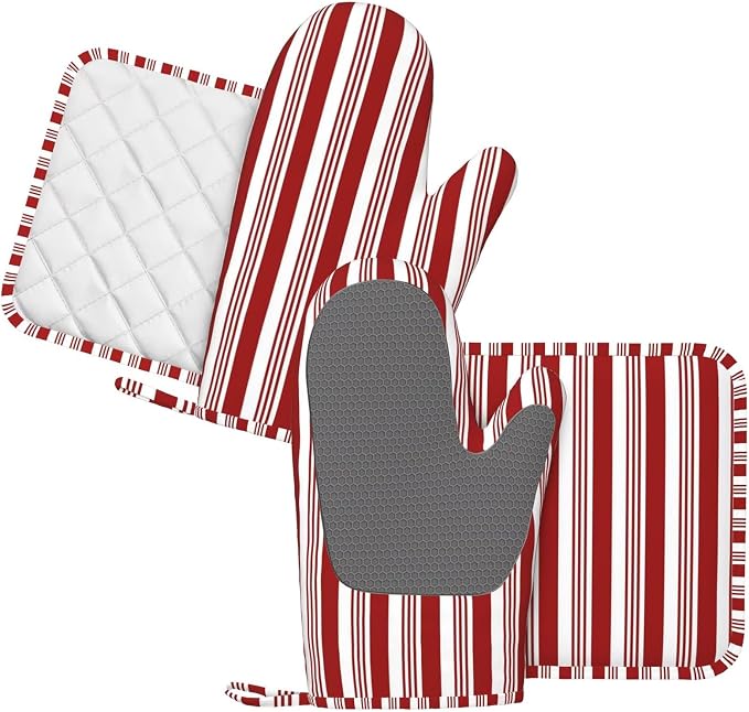 Abstract Red and White Striped Oven Mitts and Pot Holders Set - Image 2