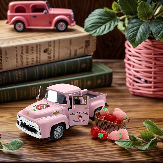 4.9″ Mini Vintage Strawberry Pink Metal Farm Truck Decor - Image 2