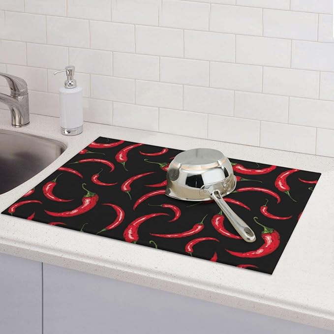 Chili Pepper Dish Drying Mat Red Hot Chili Pepper Black Drying Rack Pad - Image 6