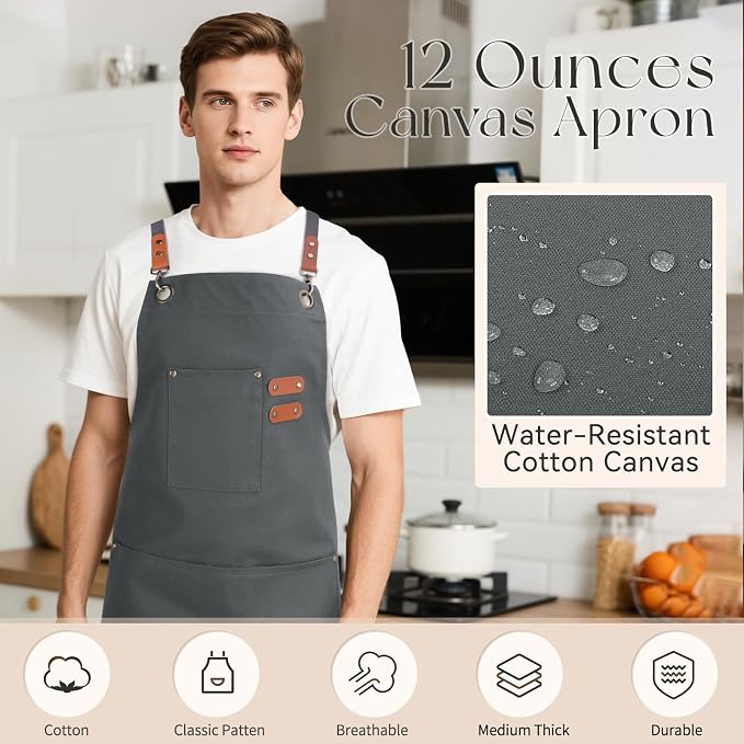 Chef Aprons for Men Women with Large Pockets, Cotton Canvas Water Repellent - Image 6