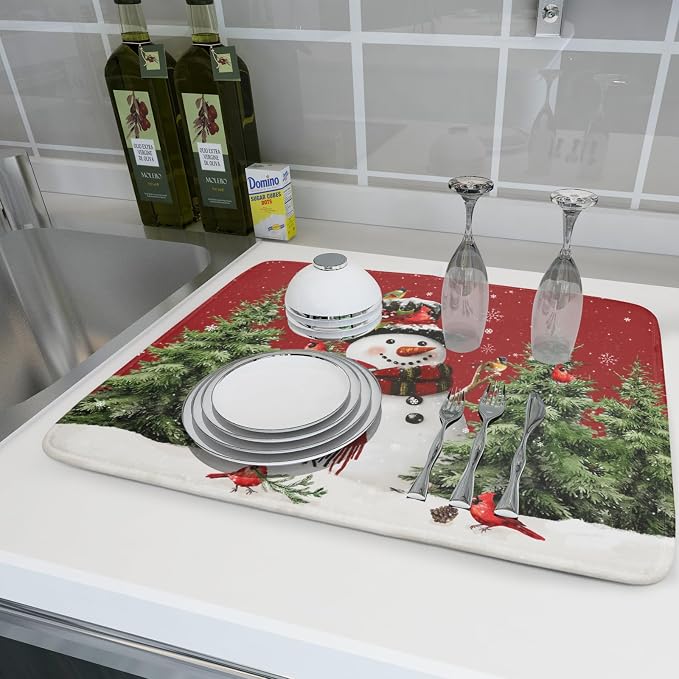 Christmas Dish Drying Mat for Kitchen Counter Snowman Green Christmas Tree - Image 6