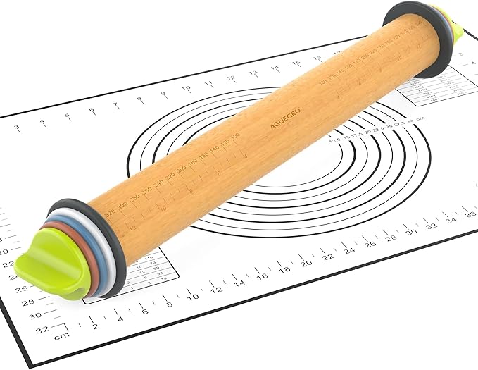 Rolling Pin with Adjustable Thickness Ring and Silicone Baking Mat by Aguegro