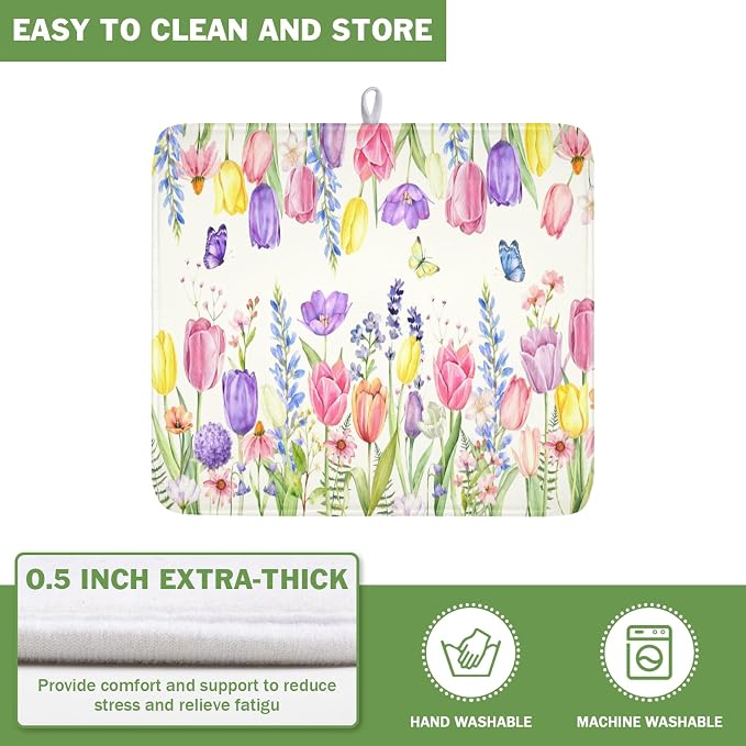 Spring Floral Dish Drying Mat for Kitchen Counter Easter Tulip Lavender Flower - Image 5