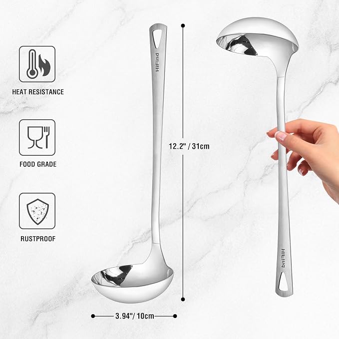 HIFIND Cooking Spoon 12.2 Inches Kitchen Stainless Steel Round Ladle, Heavy-Duty - Image 2