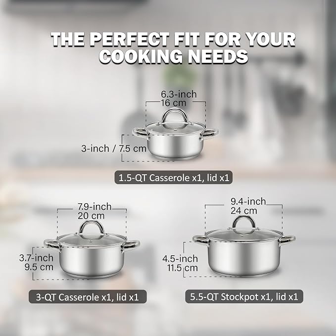 Cook N Home 6-Piece Stainless Steel Pots Set, 1.5 & 3 Qt Sauce Pots - Image 3