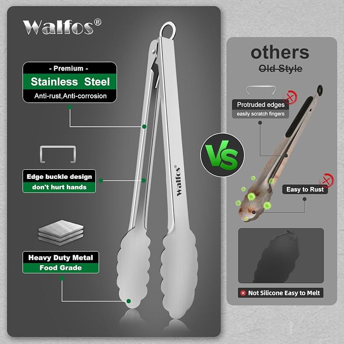 Walfos Kitchen Tongs for Cooking, 600℉ Heat Resistant Stainless Steel Tongs - Image 8