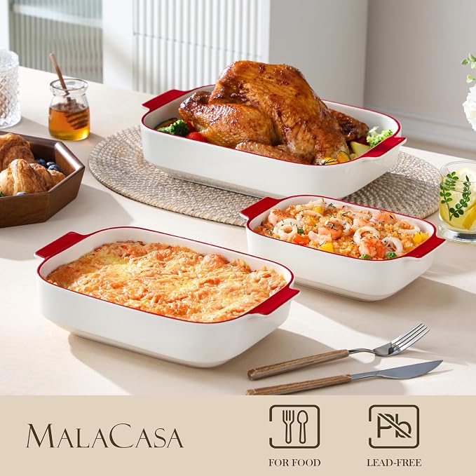 MALACASA Casserole Dishes for Oven, Ceramic Baking Dishes Set of 3, Rectangular - Image 3