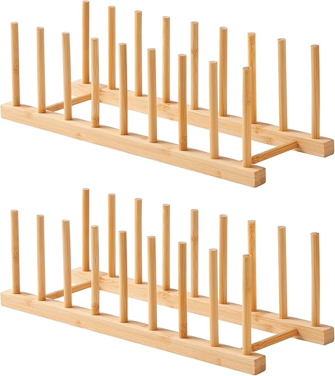 Bamboo Dish Drying Rack-2 PCS Pot Lid Plate Rack Organizer Holder by Worthyeah