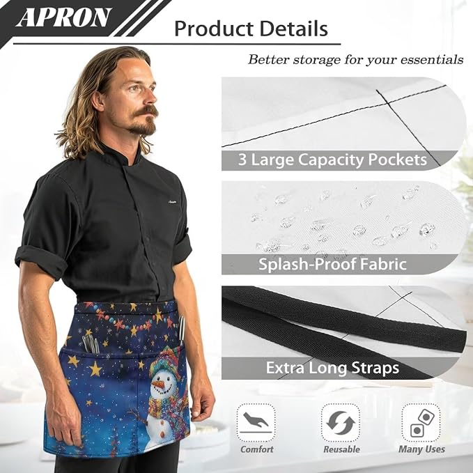 Server Apron with 3 Pockets, Waterproof Oil Waitress Waiter Half Apron - Image 6