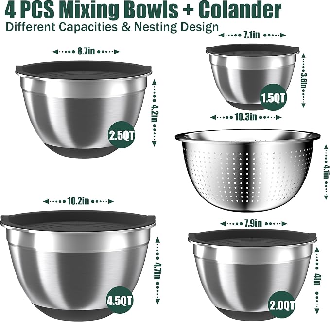 Mixing Bowls with Airtight Lids Set, 4 Stainless Steel Bowls Nesting Bowls & - Image 2