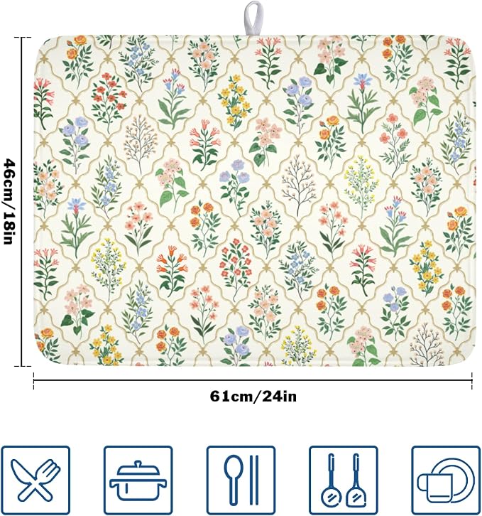 Floral Dish Drying Mat for Kitchen Counter Spring Summer Wild Flowers Diamond - Image 2