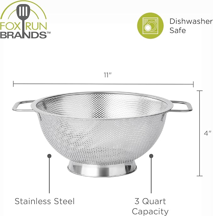 Fox Run Large Stainless Steel Colander, 3 Quart Pasta Strainer - Image 6