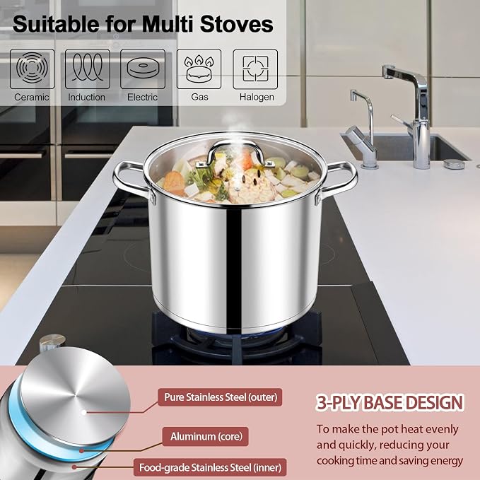 P&P CHEF 14 QT Stock Pot with Lid, Stainless Steel Large Cooking Pot, Soup - Image 5