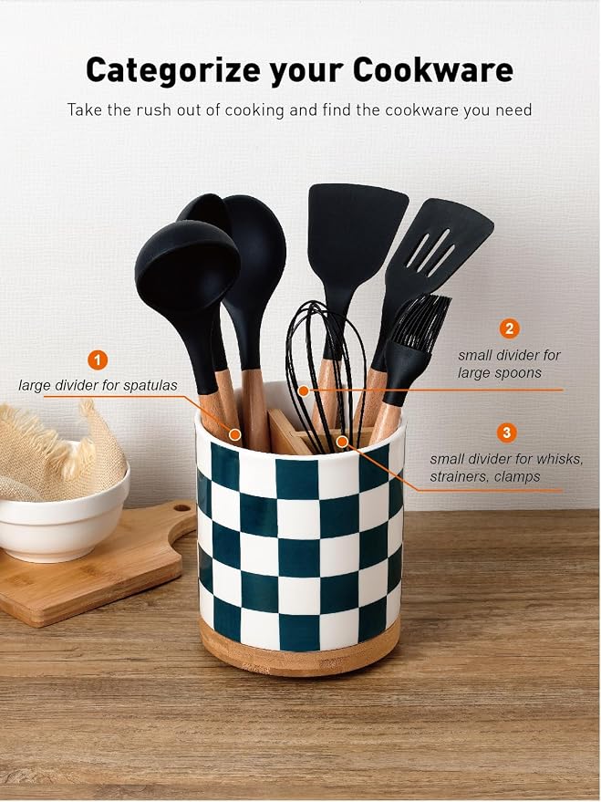 LoeJan 3 Compartment Utensil Holder, Extra Large Utensil Crock, Stable Ceramic - Image 2