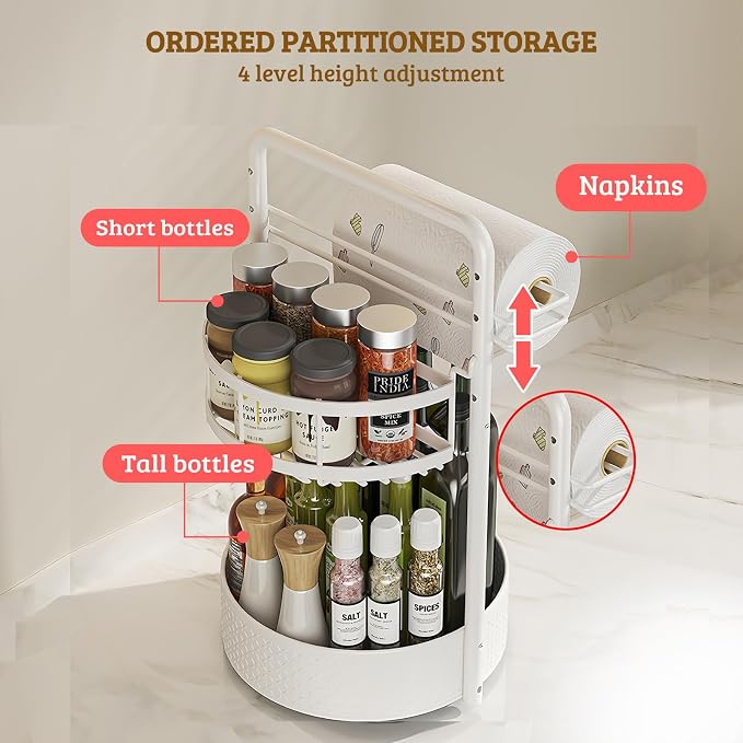 Rotating Spice Rack with Paper Towel Holder, 2 Tier Turntable Lazy Susan - Image 3