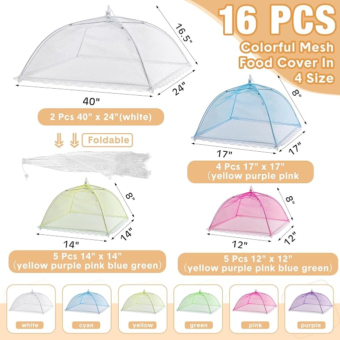 Tanlade 16 Pcs Mesh Food Cover Food Tent Set Reusable Collapsible Pop up Food - Image 2
