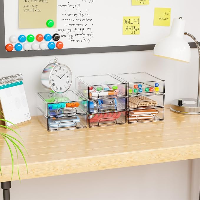 Yieach 4 Pack Small Clear Stackable Storage Drawers, 2.2'' Tall Desk - Image 9