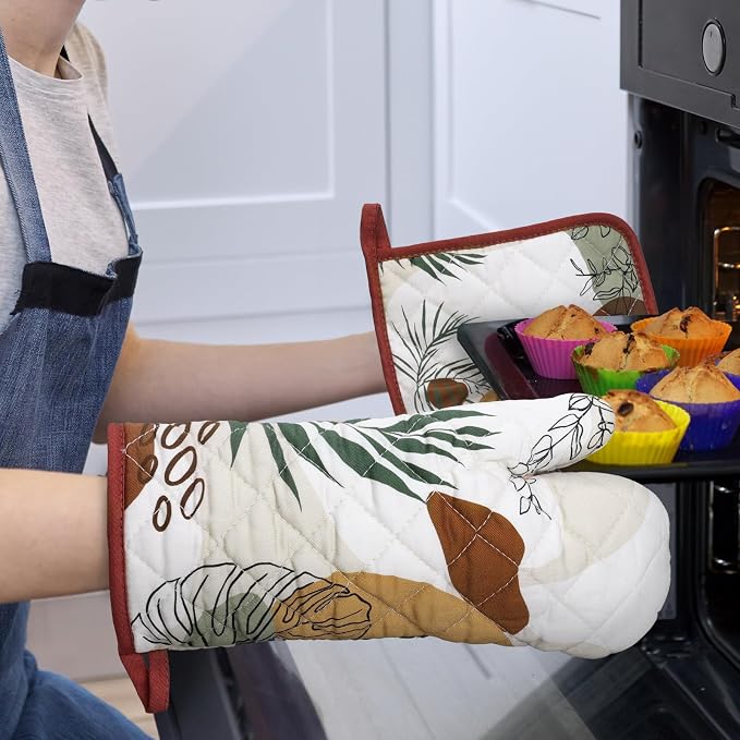 Boho Leaf Oven Mitts and Pot Holders Sets 4Pcs, 100% Cotton Heat Resistant - Image 6