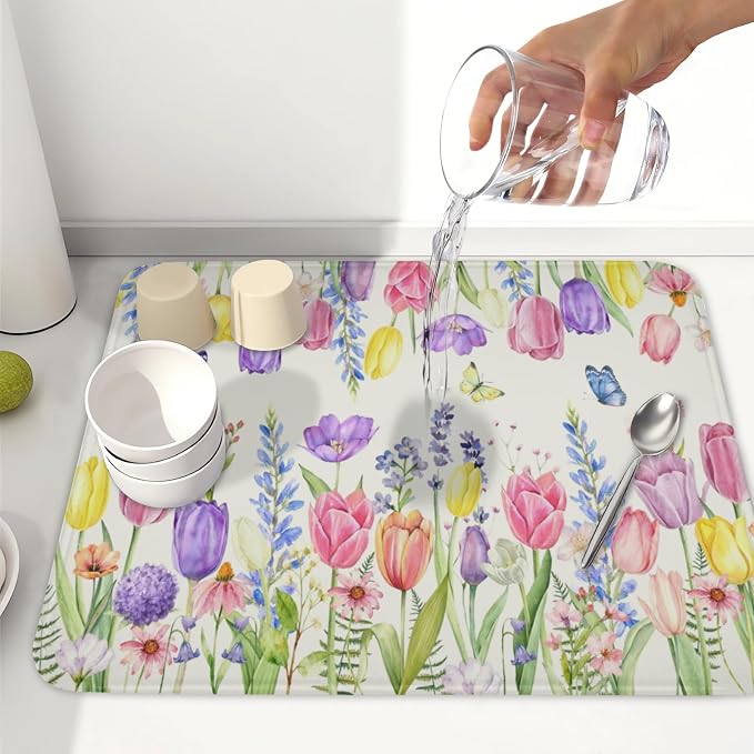 Spring Floral Dish Drying Mat for Kitchen Counter Easter Tulip Lavender Flower - Image 6