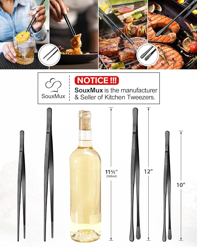 2 Pcs 10-inch Cooking Tweezers Tongs Precision Serrated Tips, Stainless Steel - Image 3