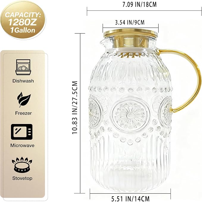 Amzcku Glass Pitcher with Lid, 101 oz/ 3 Liter Vintage Water Pitcher, Water - Image 2