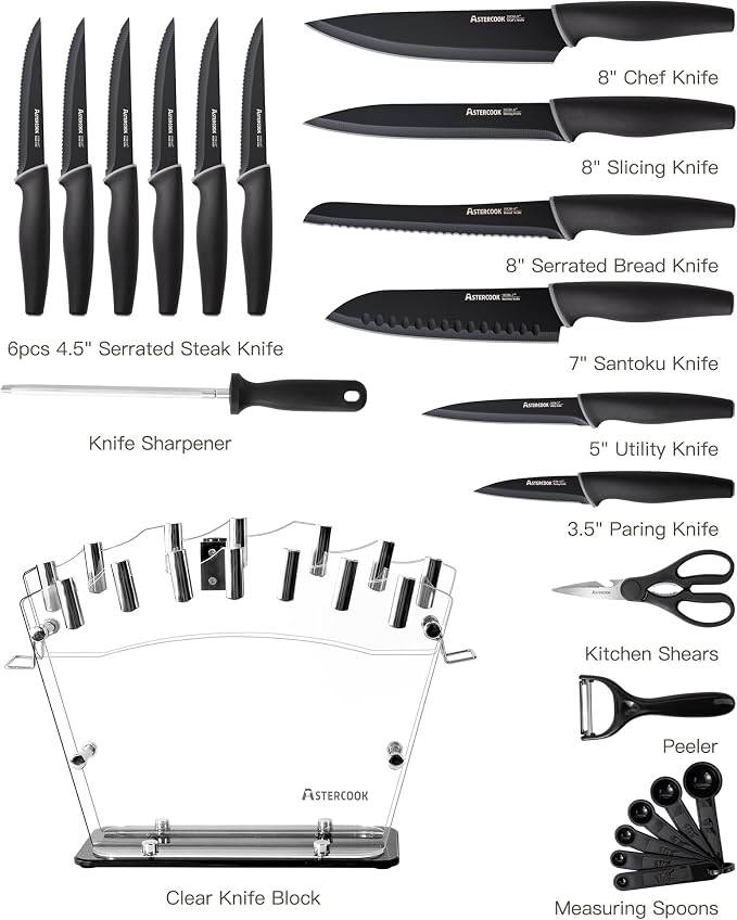 Astercook Knife Set with Block and Sharpener, 22 Piece Kitchen Knife Set - Image 8