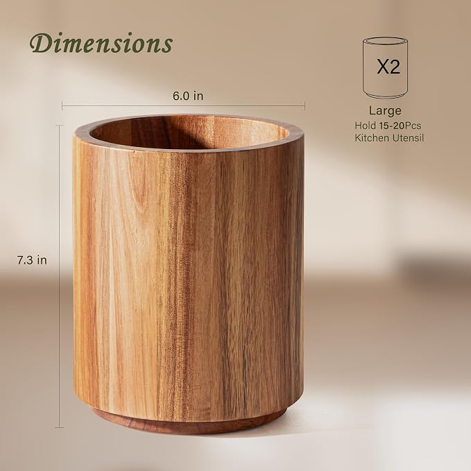 Criusia Utensil Holder 2 Pack, 360° Rotating Acacia Wood Cooking Utensil Crocks - Image 2