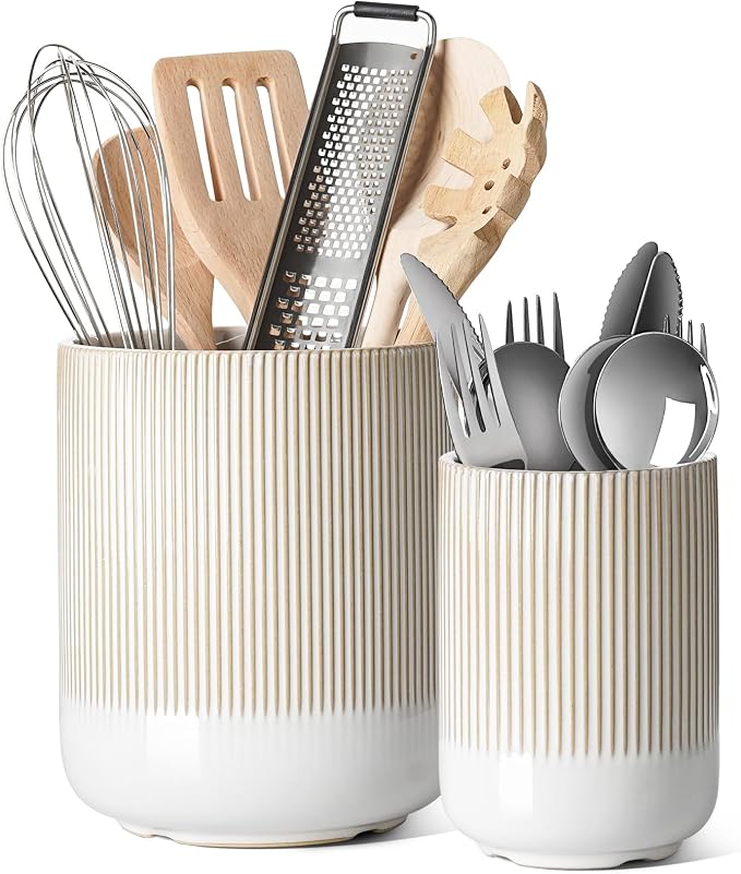 LE TAUCI Utensil Holder for Kitchen Counter, 7.3"+5.4" Fluted Ceramic Utensil by LETAUCI