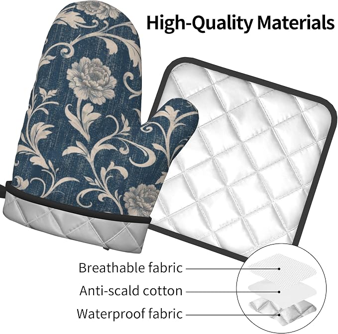 Navy Blue Oven Mitts and Pot Holders Vintage Floral Kitchen Accessories Set of - Image 4