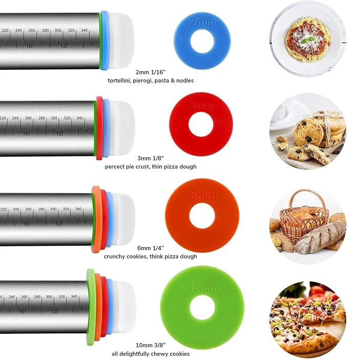 Stainless Steel Rolling Pin and Silicone Mat Set, Adjustable Thickness Rings - Image 5